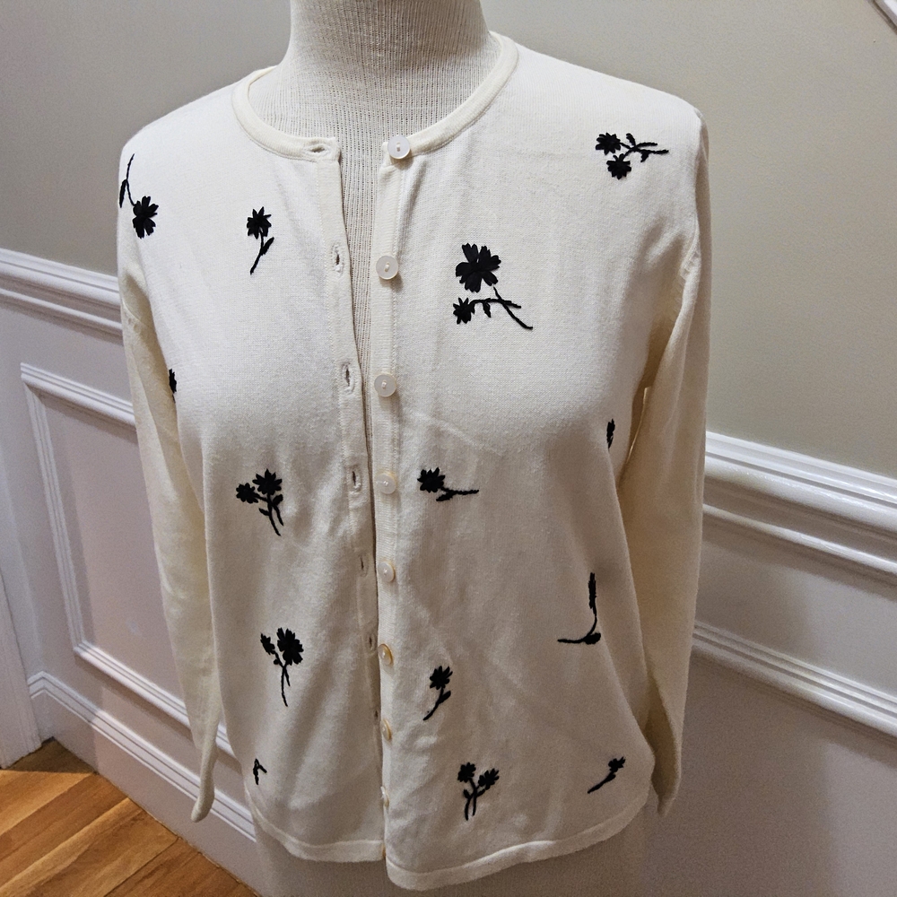 Talbots Cream Cardigan with Black Floral Motif
